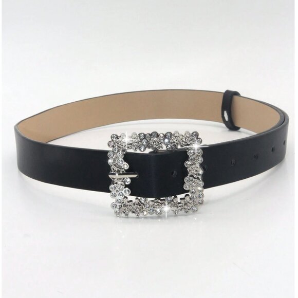 Vegan Leather Rhinestone Decor Metal Square Buckle Belt - Picture 3 of 4